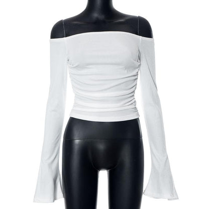 Ribbed long flared sleeve solid ruched off shoulder top