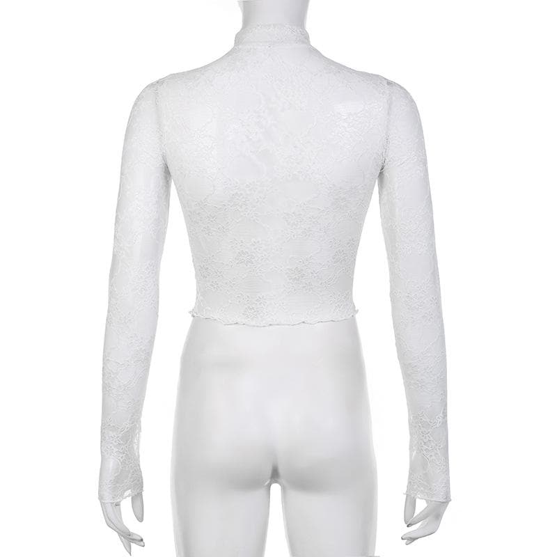 Long sleeve high neck lace see through top