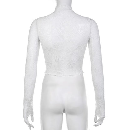 Long sleeve high neck lace see through top