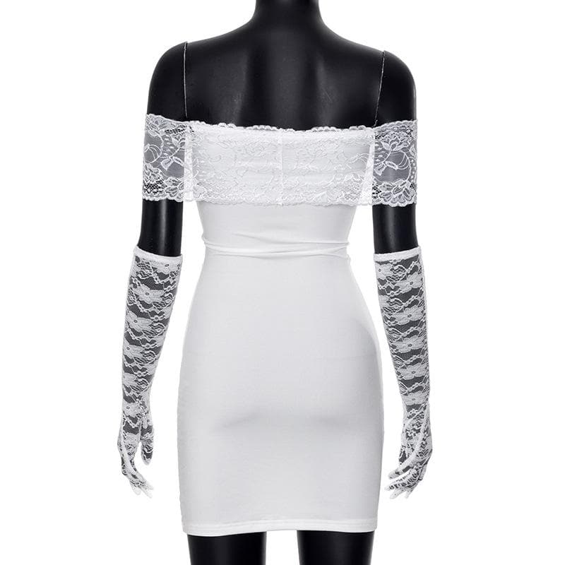 Off shoulder gloves patchwork lace mini dress