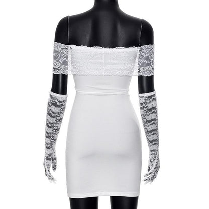 Off shoulder gloves patchwork lace mini dress
