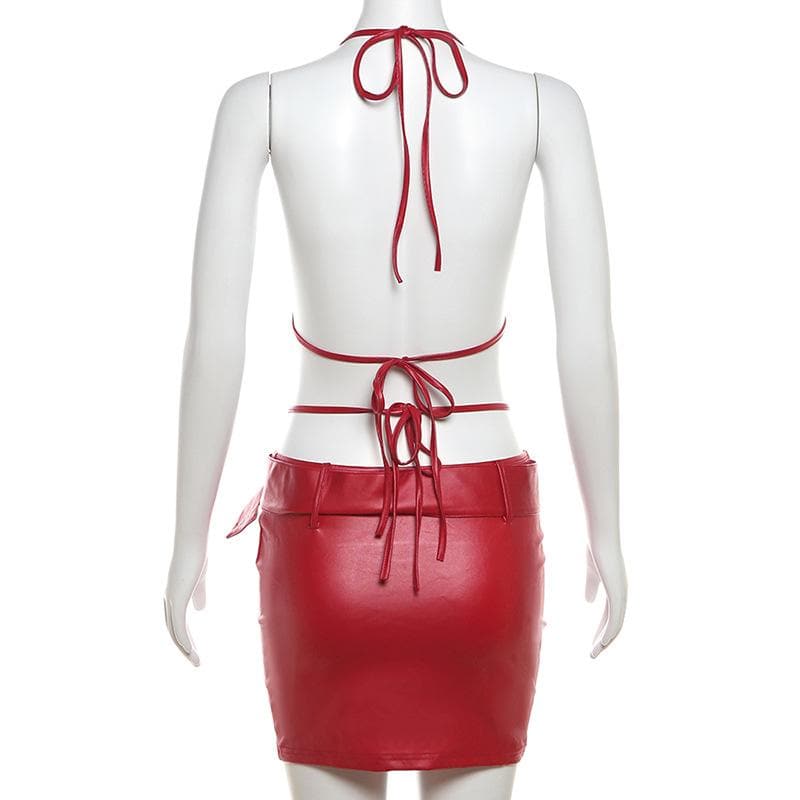 Halter buckle deep PU leather v neck backless mini dress