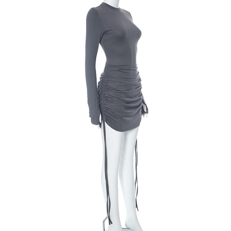 Mock Neck Thumbhole Long Sleeve Drawstring Ruched Mini Dress