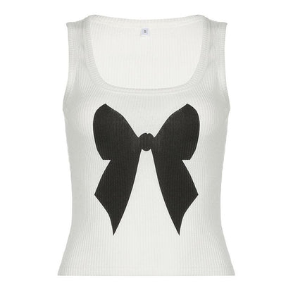 Square neck bowknot pattern ribbed tank top