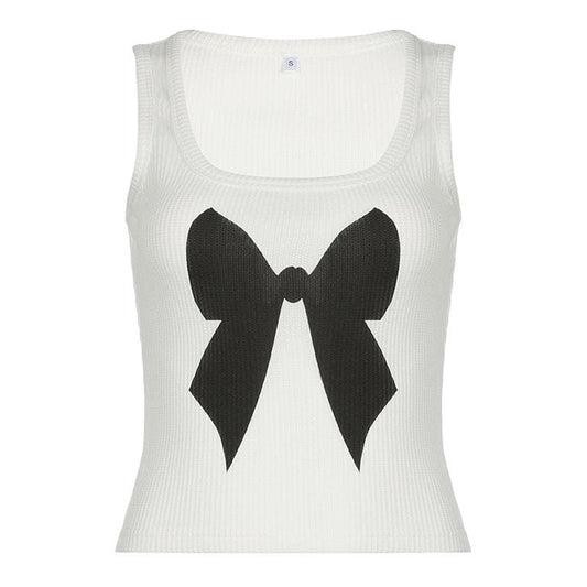 Square neck bowknot pattern ribbed tank top
