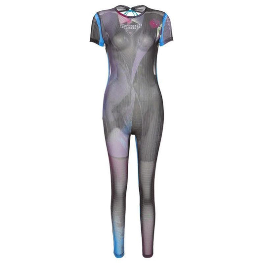 Sheer mesh see through contrast short sleeve self tie backless jumpsuit-final-sale