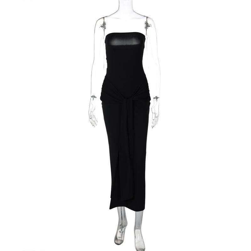 Ruched slit knotted tube midi dress