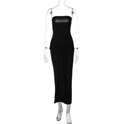Ruched slit knotted tube midi dress