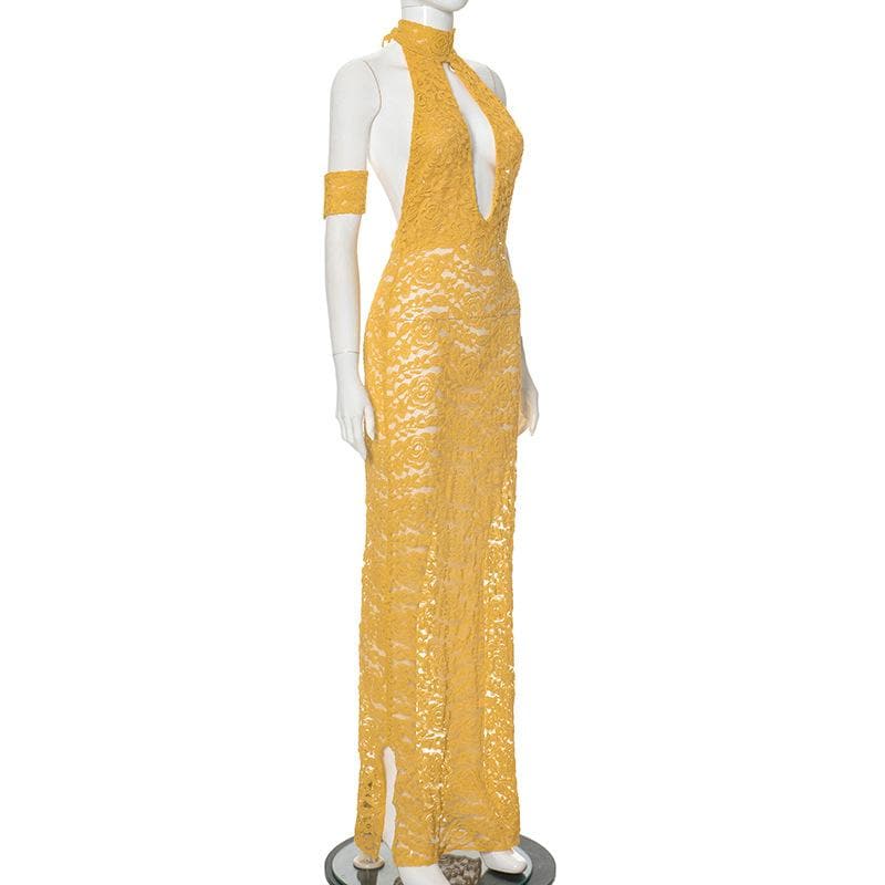 Halter hollow out lace backless cut out maxi dress