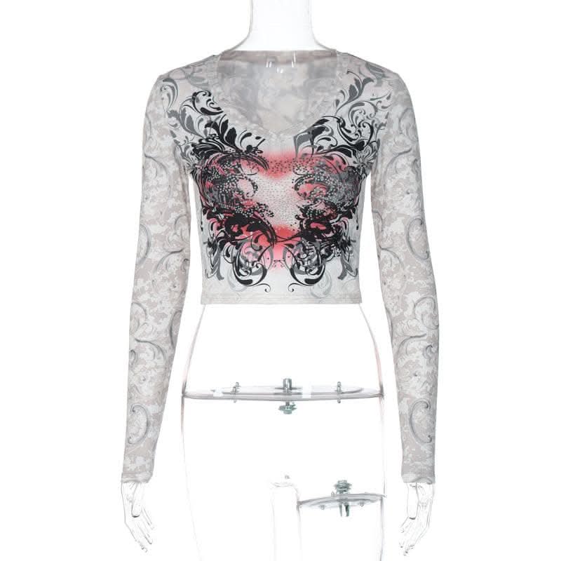 Abstract contrast long sleeve round neck crop top-final-sale