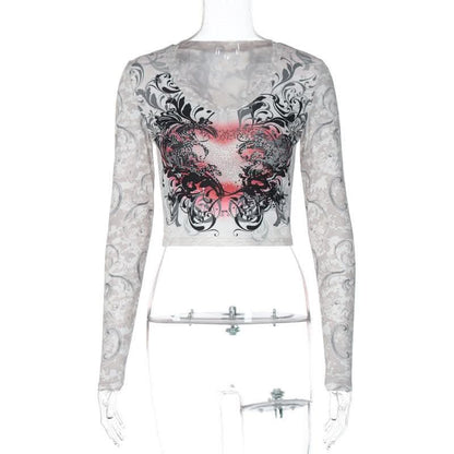 Abstract contrast long sleeve round neck crop top-final-sale