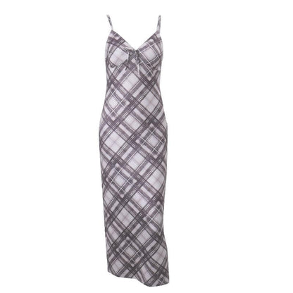 Spaghetti Strap V Neck Tie Front Plaid Print Bodycon Maxi Dress