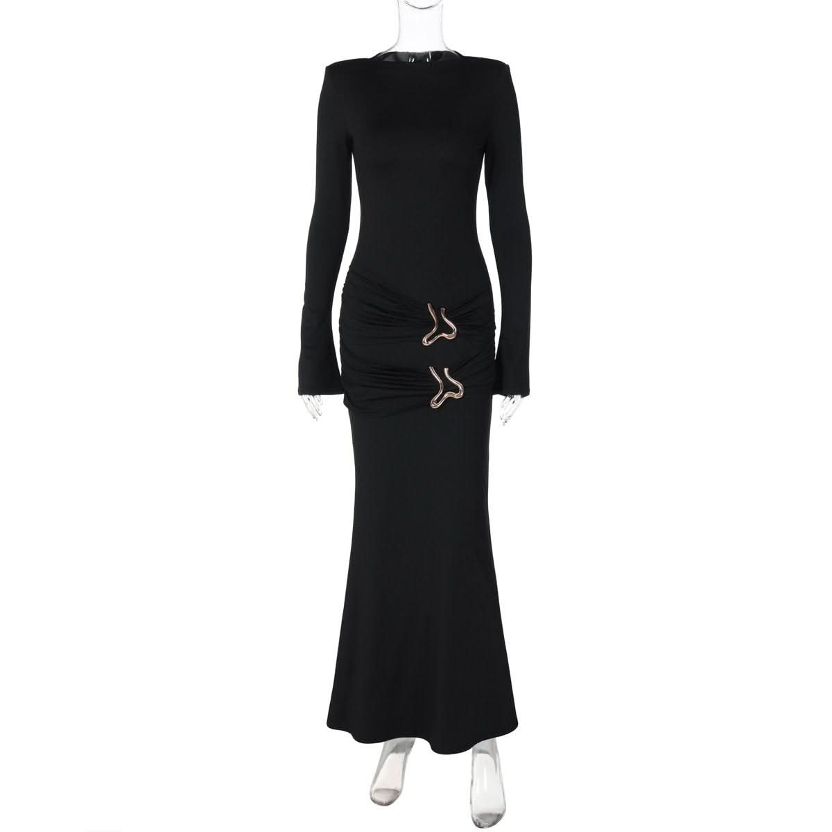 Long sleeve crewneck padded metal applique maxi dress