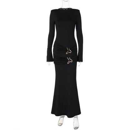 Long sleeve crewneck padded metal applique maxi dress