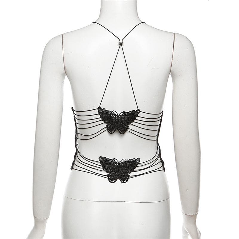Sheer mesh butterfly applique see through backless solid top