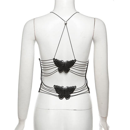 Sheer mesh butterfly applique see through backless solid top