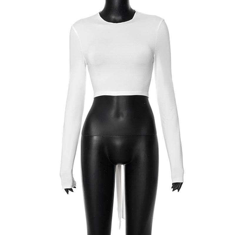 Self tie backless solid long sleeve crewneck top
