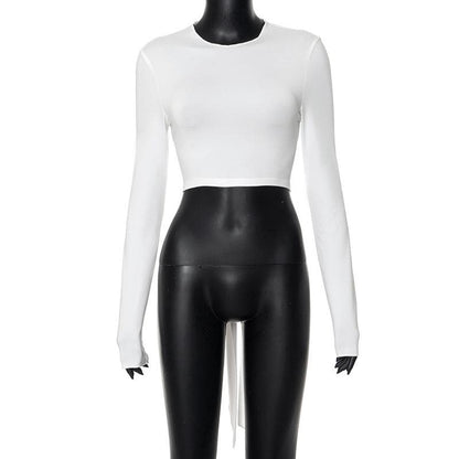 Self tie backless solid long sleeve crewneck top