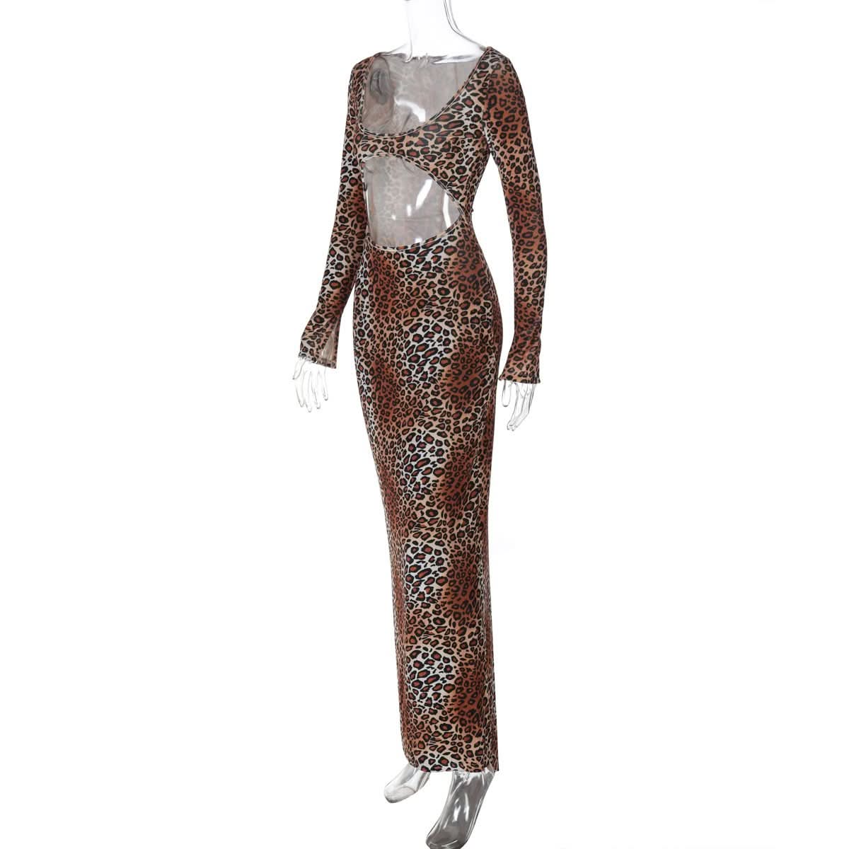Long sleeve leopard print hollow out u neck cut out maxi dress