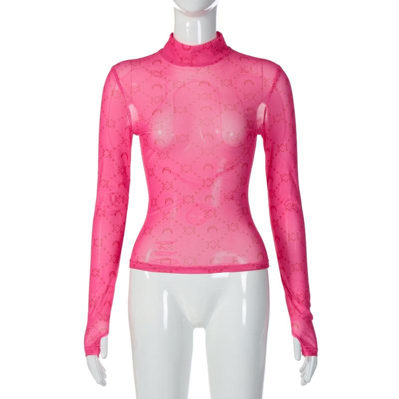 Sheer mesh see through solid long sleeve gloves print high neck top