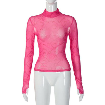 Sheer mesh see through solid long sleeve gloves print high neck top