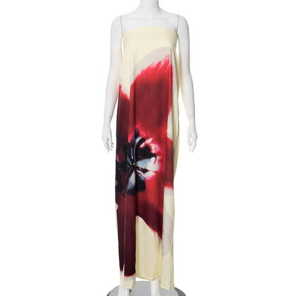 Print buckle backless contrast tube maxi dress