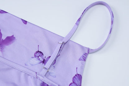 Butterfly print ruched cami maxi dress