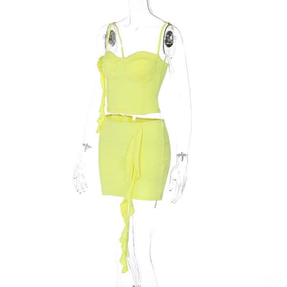 Flower applique solid ruffle ribbon cami mini skirt set-final-sale