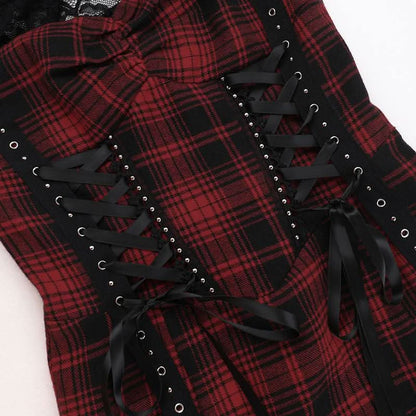 Hollow out plaid print lace up lace slit cut out midi dress