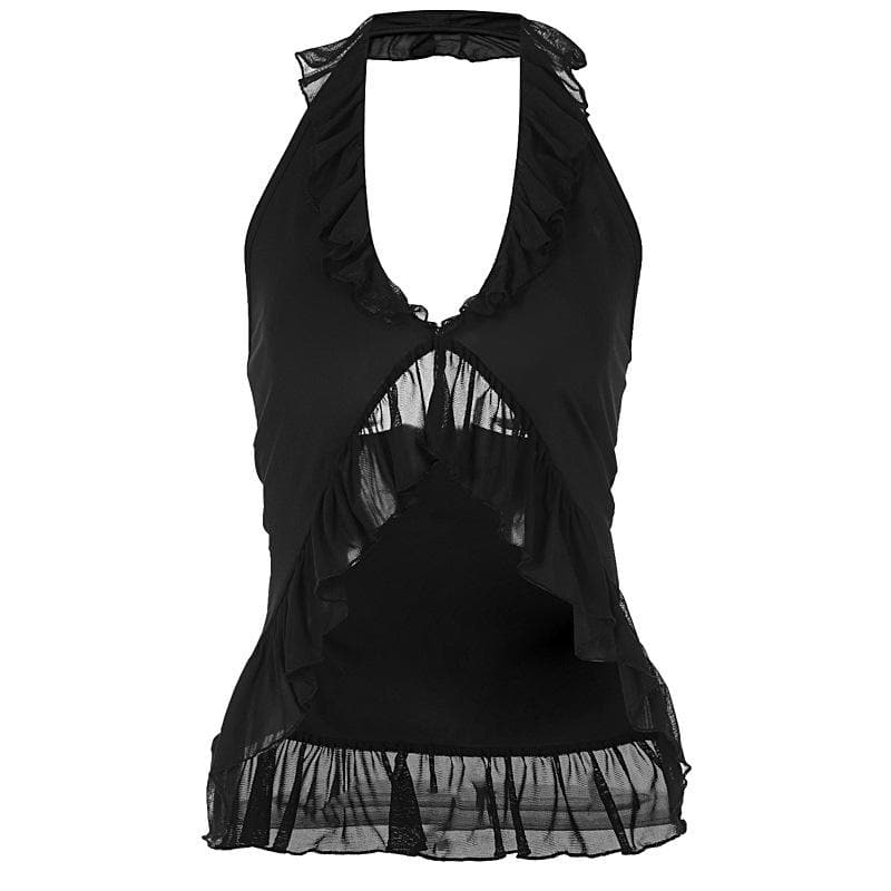 Halter ruffle ruched mesh solid crop top