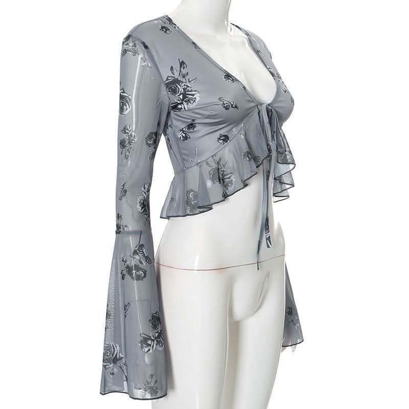 Long flared sleeve v neck self tie ruffle flower print top