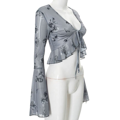 Long flared sleeve v neck self tie ruffle flower print top