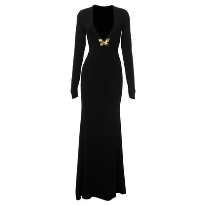 V neck long sleeve butterfly metal applique maxi dress