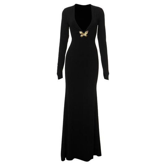 V neck long sleeve butterfly metal applique maxi dress