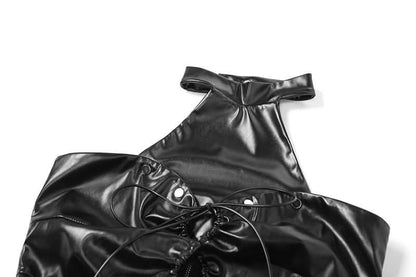 Halter backless PU leather zip-up crop top