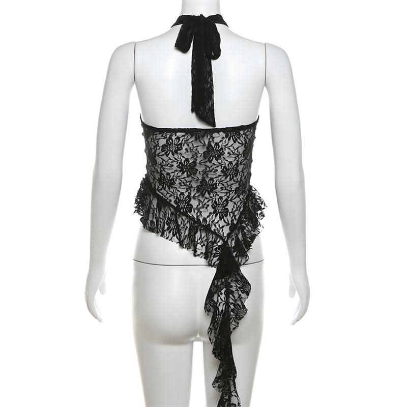 Halter mesh ruffle backless top