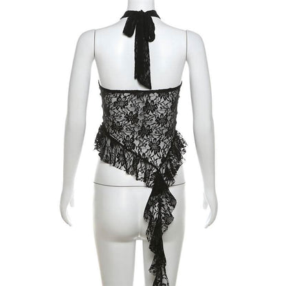 Halter mesh ruffle backless top