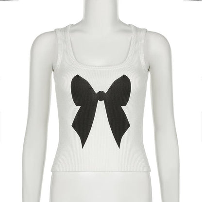 Square neck bowknot pattern ribbed tank top