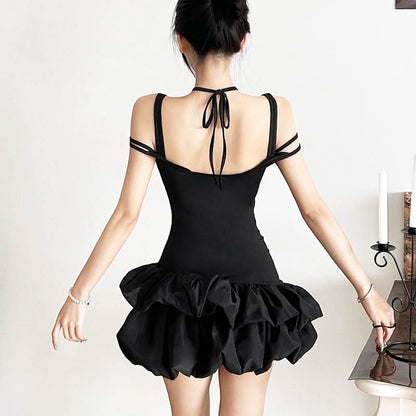 Halter self tie hollow out ruched solid cut out mini dress