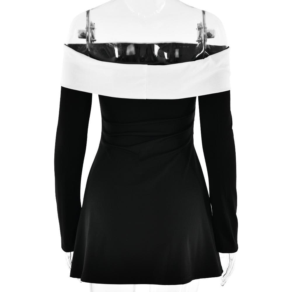 Long sleeve off shoulder patchwork backless mini dress