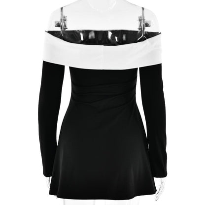 Long sleeve off shoulder patchwork backless mini dress