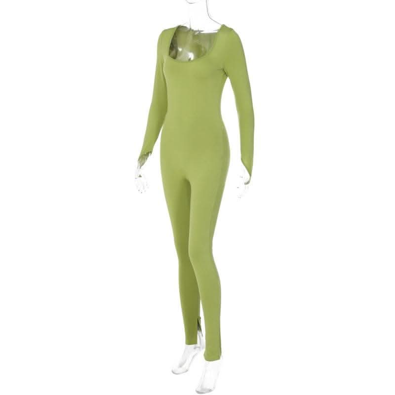 Long sleeve solid u neck slit jumpsuit- Final Sale-final-sale