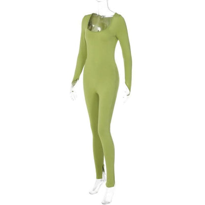 Long sleeve solid u neck slit jumpsuit- Final Sale-final-sale