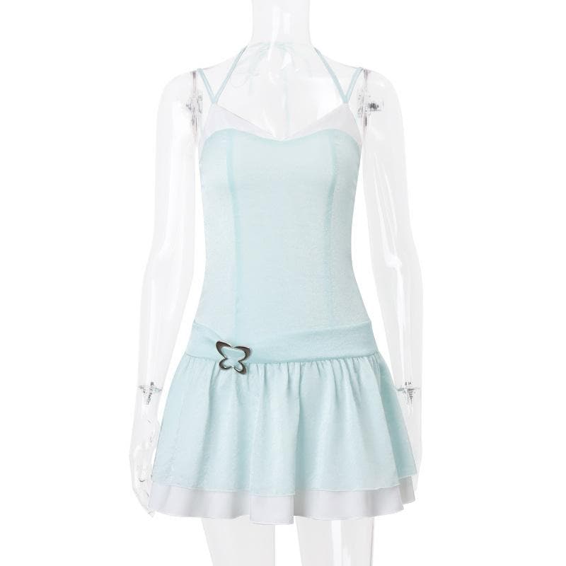 Halter metal butterfly patchwork zip-up cami mini dress