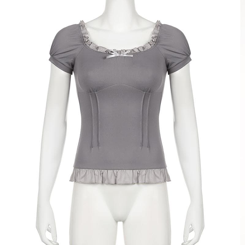 Short puff sleeve stitch ruffle bowknot top