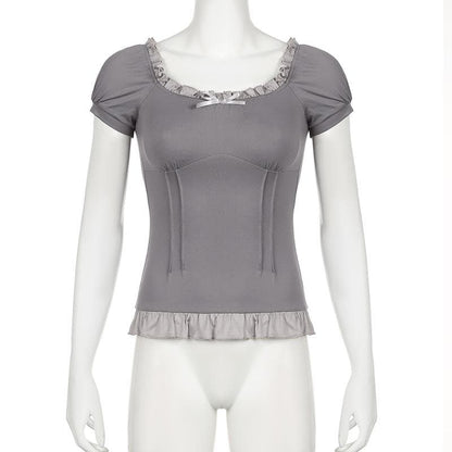 Short puff sleeve stitch ruffle bowknot top