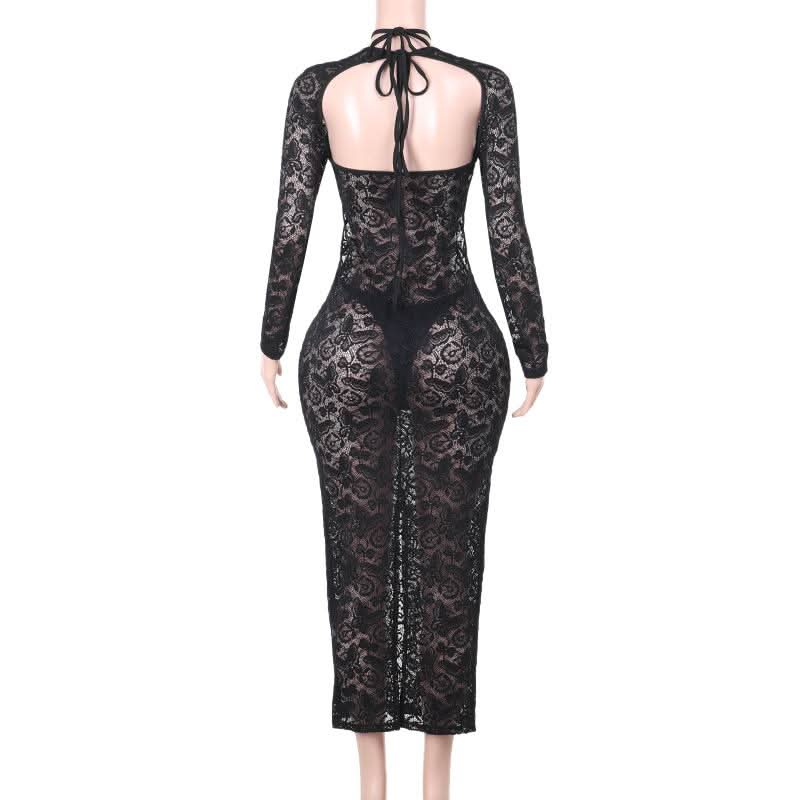 Lace long sleeve hollow out cross front cut out maxi dress