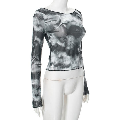 Long sleeve sheer mesh tie dye top