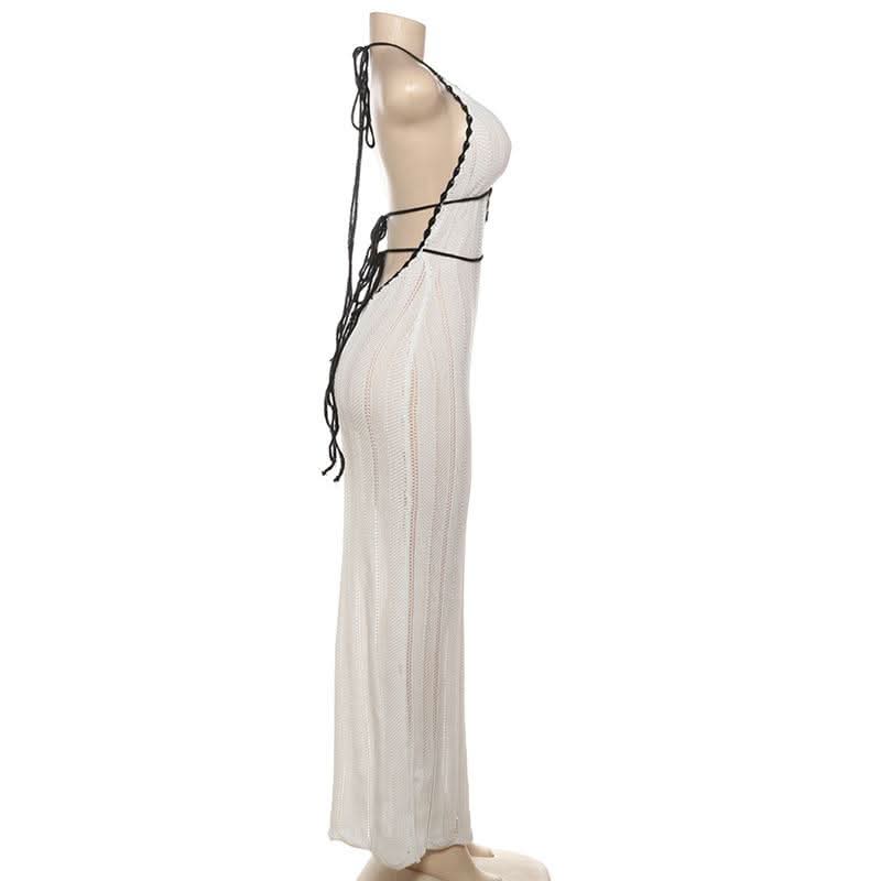 Halter v neck backless self tie knitted maxi dress