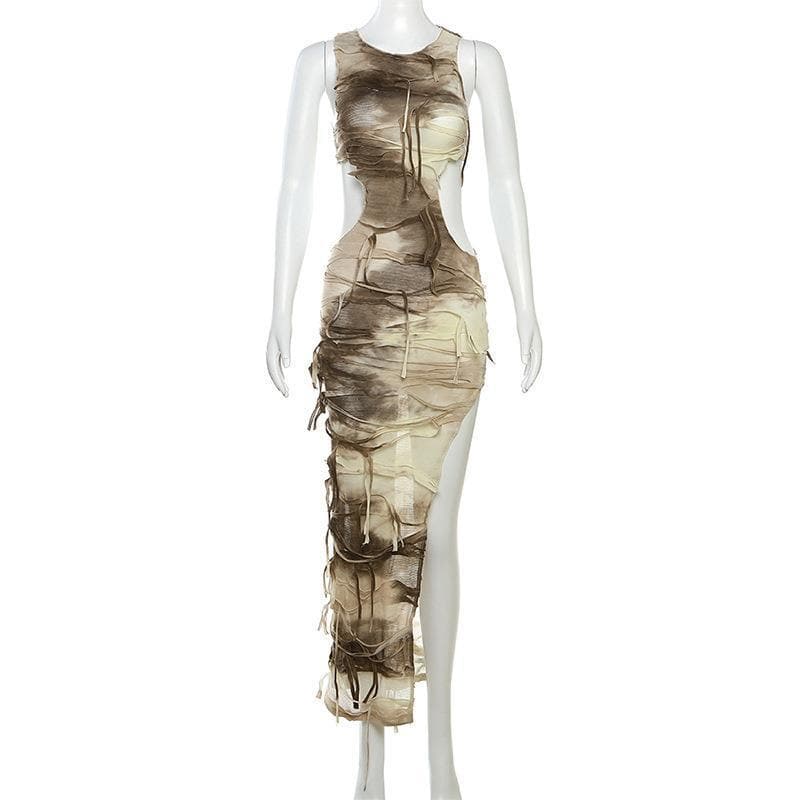Tie Dye Shredded Side Cutout High Slit Sleeveless Maxi Dress